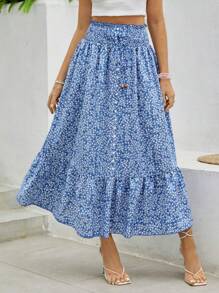SHEIN VCAY Falda De Cintura Alta Con Tejido Entrelazado Azul Cielo De Estilo Festivo Y Patrón De Flores Blancas Con Corte Flojo - Azul - Ver 2