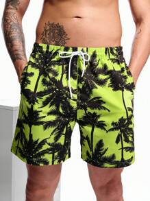 ZELFYO Men's Coconut Tree Printed Drawstring Casual Beach Shorts (Random Cutting Print) For Summer Holiday - Multicolor - View 3