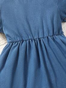 Vestido asimétrico de denim con manga abullonada y ribete de volantes para niña joven - Azul lavado medio - Ver 4