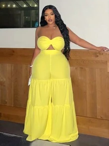 Slaydiva Plus Size Solid Color Woven Strapless Jumpsuit With Twisted Knot And Wide Leg For Women, Holiday And Leisure