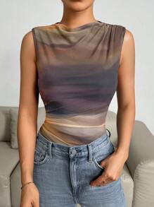 SHEIN Essnce 女式夏季水洗染打褶領無袖連體衣，帶細肩帶休閒裝 - 棕色 - 查看 4