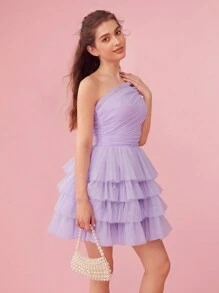 Enchnt SPring/Summer Romantic Summer Sweetheart Oblique Shoulder Ruffle Waist Layered Mesh Dress,Sweet&Elegant For Valentine Day&Holiday &Sweet Date Night&Daily&Vacation&Garden Parties,Lavender Dress - Mauve Purple - View 6