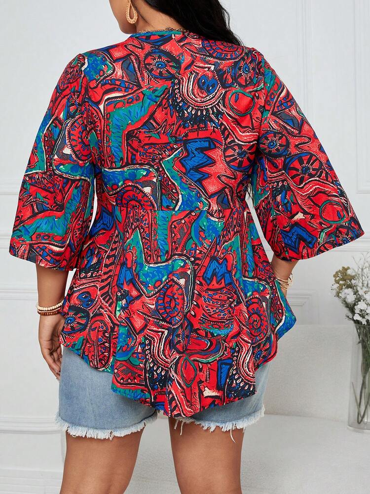 Plus Size Women's Holiday Allover Print Tie Front Bell Sleeve Shirt With Ruffled Hem