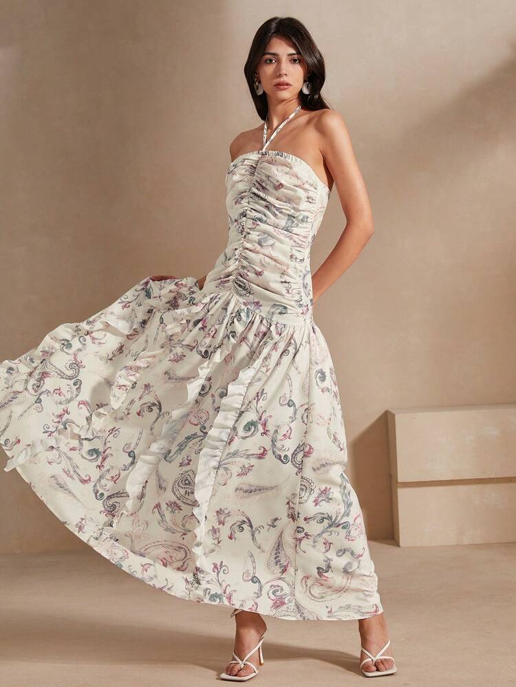 Summer Elegant And Romantic Floral Print Halterneck Dress With Ruffle Trim And Flared Hem