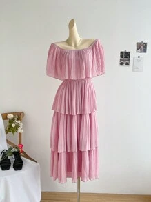 SHEIN Privé Romantic Women Off-Shoulder Pleated A-Line Midi Dress, Suitable For Wedding And Vacation