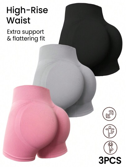 Easithlete Set de 3 pantalones cortos deportivos: negro, shorts elásticos y rosas, shorts con cintura alta y control de barriga para mujer, shorts de gimnasio, shorts tipo ciclista