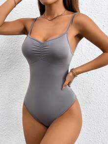 SHEIN PETITE Women Summer Solid Color Ruched Strap Bodysuit - Grey - View 4