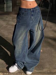 DAZY 女士破洞阔腿牛仔裤，褪色效果，宽松牛仔裤，返校服 - 深色水洗藍 - 查看 5