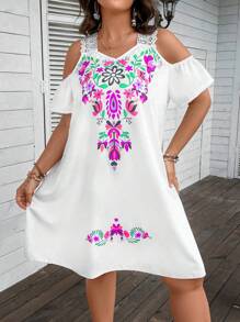 Breezaya Plus Size Women Fashion Lace Spaghetti Strap Cold-Shoulder Print Dress - Hot Pink - View 3