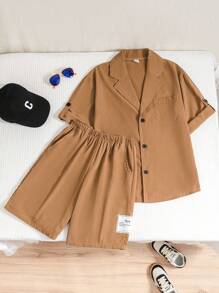 Teen Boy Elegant Suit Jacket And Shorts Set - Brown - View 1