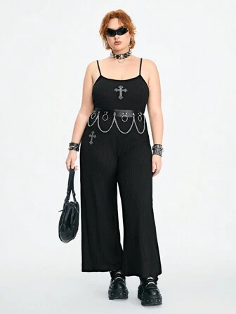 Grunge Punk Mono de pierna ancha para mujer de talla grande con estilo punk y decoración de diamantes de imitación cruzados en la correa y cintura ajustable con cordón