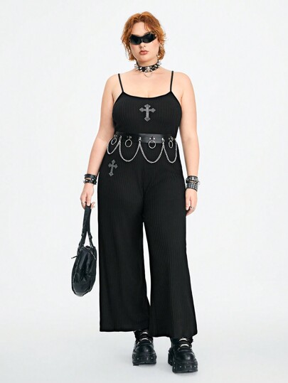 Grunge Punk Plus Size Women Punk Style Cross Rhinestone Decor Strap Wide Leg Jumpsuit With Drawstring Waist