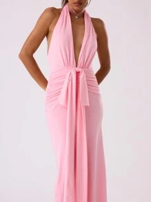 MUSERA Tie Front Ruched Plunge Maxi Dress Spring Summer Vacation Prom Ibiza Fits