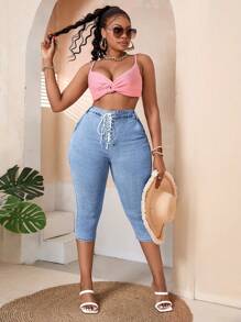 SHEIN SXY Jeans 3/4 ajustados de talle alto para mujeres de talla grande con banda elástica y teñido en azul