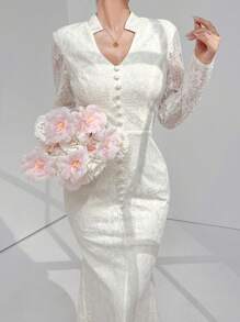 Modelyn Ladies' Solid Color Simple Design Lace Decorated Dress Long Evening Dresses - White - View 8