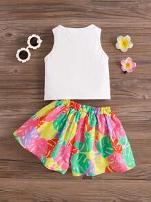 SHEIN Baby Girl Cute Casual Bird Pattern Top And Leaf Printed Shorts Set - White - View 2