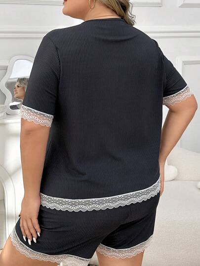 Plus Size Women's Lace Patchwork Knitted Homewear Set