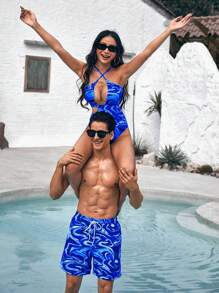 Manfinity Swimmode Men Blue Vacation Style Printed Beach Shorts - Multicolor - View 1