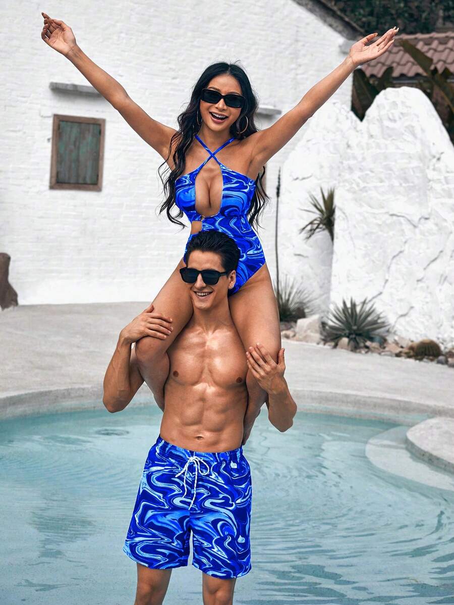 Manfinity Swimmode Men Blue Vacation Style Printed Beach Shorts - Multicolor - View 1