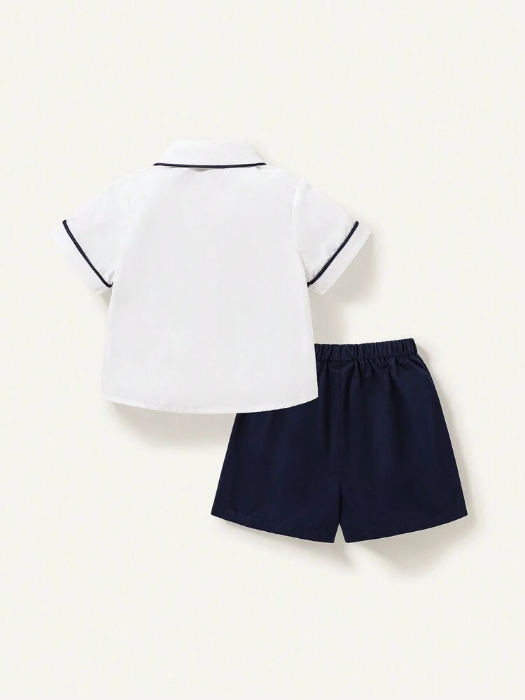 Baby Boy's Diamond Pattern Contrast Collar Short Sleeve Cardigan And Solid Color Shorts Set
