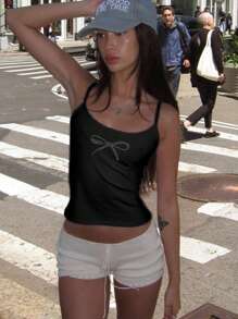 Attitoon Casual Rhinestoned Bowknot Sexy Spaghetti Strap Fitted Tank Top For Women, Summer - Black - View 4