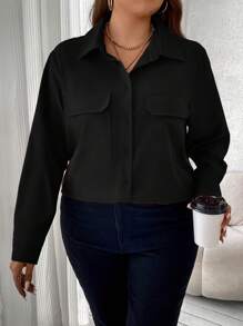Vionelle Plus Size Casual Solid Color Front Button Curved Hem Shirt, Autumn - Black - View 5