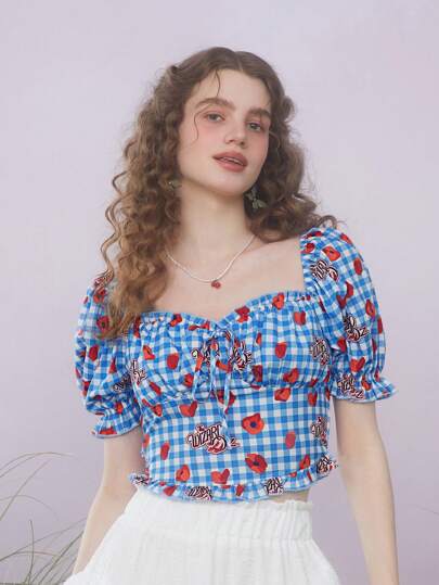 The Wizard of Oz X SHEIN 1pc Women's Floral And Gingham Print Sweetheart Neckline Frill Trim Bustier Top