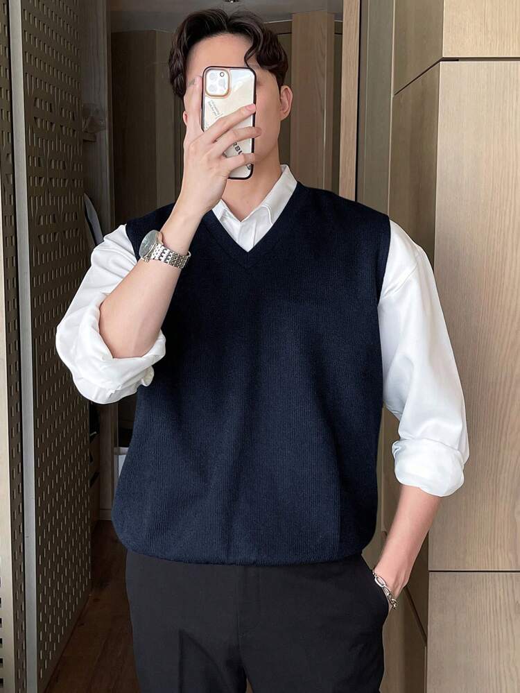 Men Summer Solid Color Knitted Sweater Vest, For Tennis Business Attire