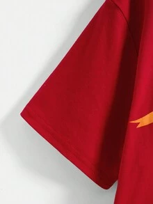 SHEIN Áo thun ngắn tay cổ tròn in hình bóng rổ cỡ lớn cho bé trai Tween - Đỏ - Xem 4