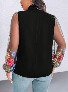 SHEIN Clasi Plus Size Plain Elegant Lace-Up Neck Embroidery Mesh Splice Long Sleeve Shirt - Black - View 2