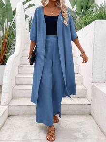 Breezaya Abrigo y pantalón largos de unicolor para mujer, conjunto de 2 piezas para atuendo casual de verano en vacaciones - Azul - Ver 3