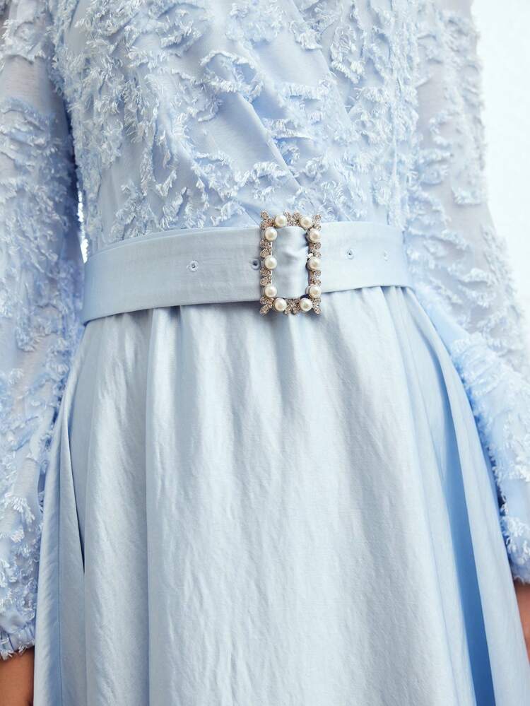 SURPLICE NECK JACQUARD FLOWER APPLIQUE BODICE BUCKLE BELTED DRESS