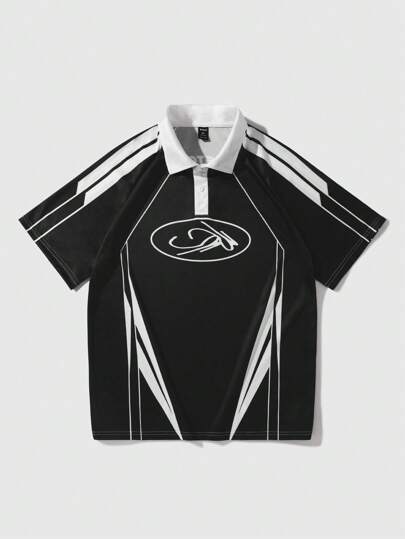 Prep Men's Racing Colorblock Shirt, Suitable For Daily Wear In Spring And Summer, School