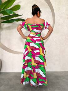 SHEIN SXY Summer 2pcs Graceful Printed Beach Vacation Cake Skirt Set - Multicolor - View 2