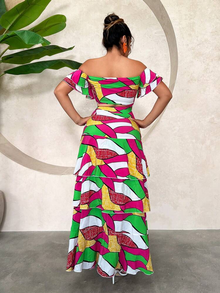 Summer 2pcs Graceful Printed Beach Vacation Cake Skirt Set