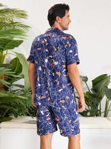 Conjunto de ropa de casa para hombre de manga corta y pantalones cortos con estampado aleatorio