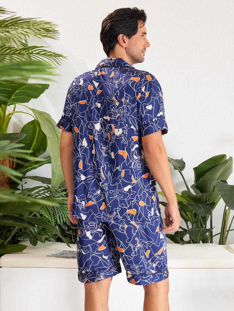 Men's Random Printed Short Sleeve And Shorts Home Suit Set
