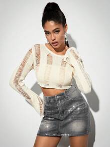 SHEIN BAE Shape Cream Ladder Detail Knit Flare Sleeve Crop Sweater