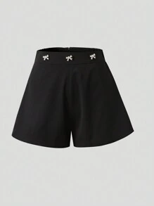 Lunelith SHEIN Lunessa Women Bow Detail Bow Decor Loose Wide Leg Shorts