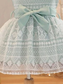 SHEIN 少女夏日簡約套裝：無袖露背領連身上衣搭配網紗裙 - 綠色 - 查看 6