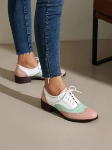 Women's Flat Oxfords, Vintage Style Leather Shoes With Lace-Up, Color Block Brogue Shoes