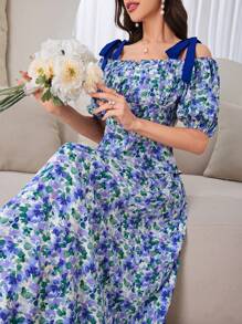 Modelyn 女式全身印花褶饰胸围结饰细肩带吊带上衣和半身裙套装，打造优雅夏日造型 - 藍色 - 查看 4