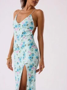 MUSERA Floral Lace Split Leg Dress Beach Spring Summer Elegant Vacation Sexy Romantic 90's Sundress Beach - Baby Blue - View 5