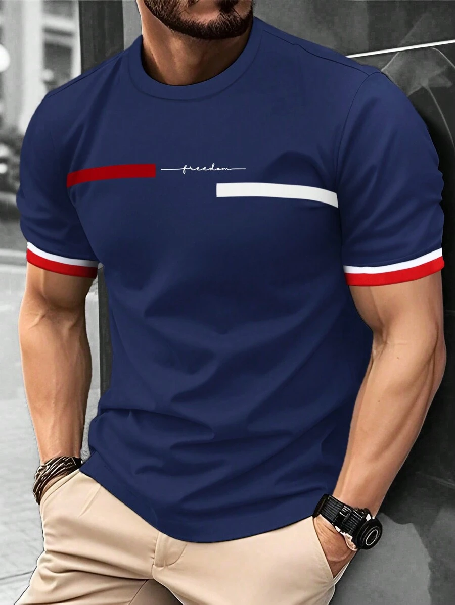 Manfinity Homme 男士夏季字母印花圆领短袖休闲T恤男T恤男士t恤>休闲 - 藏蓝色 - 查看 1