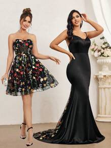 SHEIN Belle Elegant Women's Black Multi-Color Strap Top See-Through Romantic Mesh Embroidery 3D Floral A-Pend Fluffy Country Music Festival Easter Summer Vacation Wedding Event Bachelor Party Date Graduation Party Date Cocktail Party Dress Prom Semi Formal Wedding Guest Dress, For Birthday, Homecoming - Black - View 7