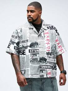 Manfinity VCAY Men's Plus Size Woven Printed Casual Loose Short Sleeve Shirt
