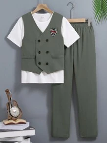 SHEIN Tween Boy Fashionable Vest Top, T-Shirt And Long Pants Elegant 3pcs Outfit
