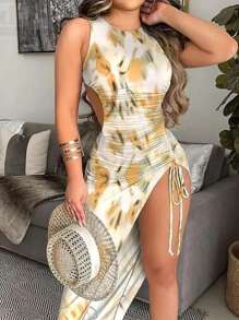 Breezaya فستان نساء صيفي بتصميم رفيع بخصر قابل للسحب وتفاصيل مقسمة، فستان صيفي ماكسي لملابس النساء - أصفر - مشاهدة 3