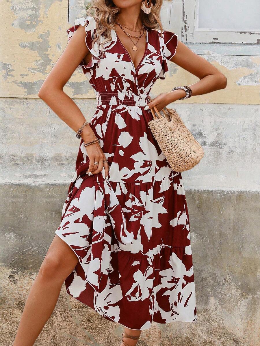 SHEIN LUNE Váy thường ngày dành cho nữ ngày lễ in hoa ngẫu nhiên quấn eo Ruffle Hem - Màu Đỏ Sâu - Xem 1