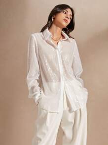 Anewsta Camisa De Manga Larga De Malla Con Purpurina Para Mujer